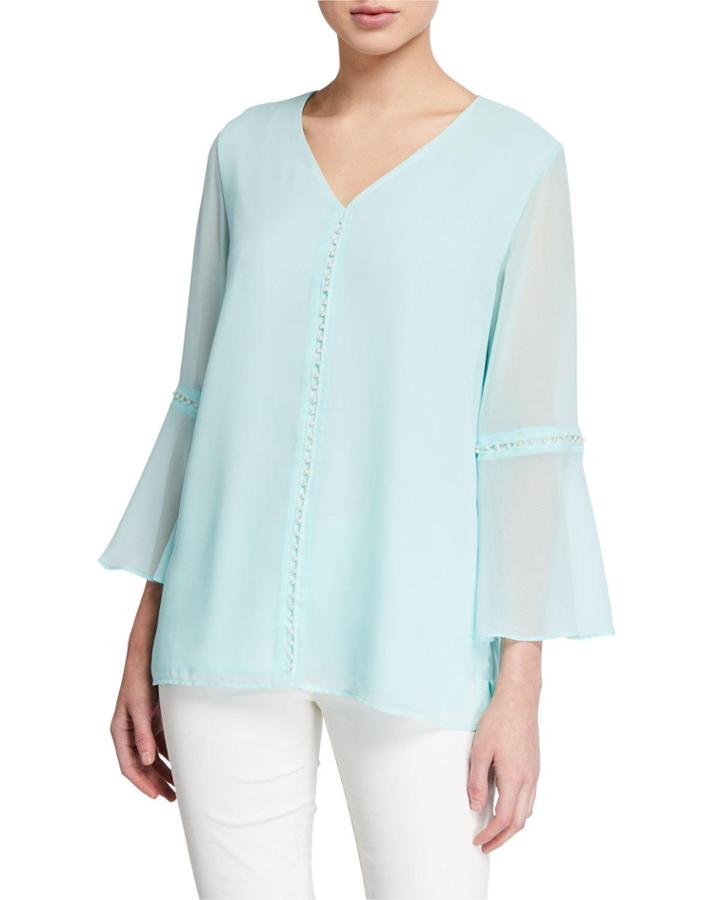 V-neck Chiffon Blouse With Pearl-trim