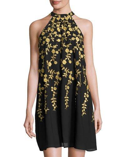 Social Floral-embroidered Swing Dress, Black/gold