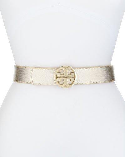 Reversible Logo Leather Belt, Gold/camel