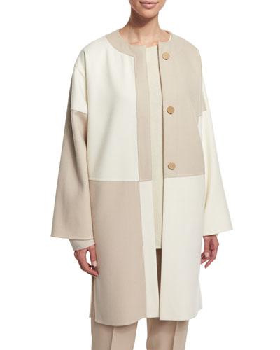 Long-sleeve Button-front Kimono Coat, Ivory/tan