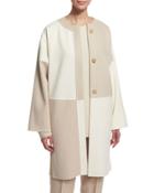 Long-sleeve Button-front Kimono Coat, Ivory/tan