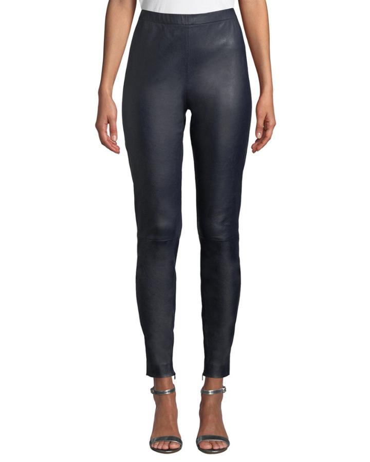Stretch Napa Leather Cropped Leggings W/ Ankle Zippers