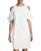 Embellished-neck Crepe Dress, White