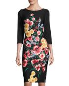 Floral-print Scuba Midi Dress, Black Pattern