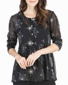 Long-sleeve Button-front Embroidered Top, Black