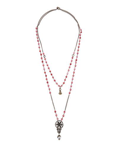 Long Two-strand Jade Beaded Pendant Necklace, Red