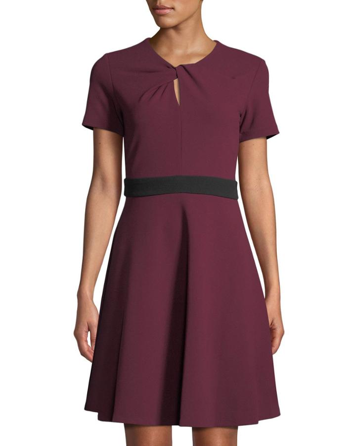Twist-neck Banded-waist Fit & Flare Dress