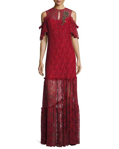 Embellished Cold-shoulder Lace Gown, Crimson
