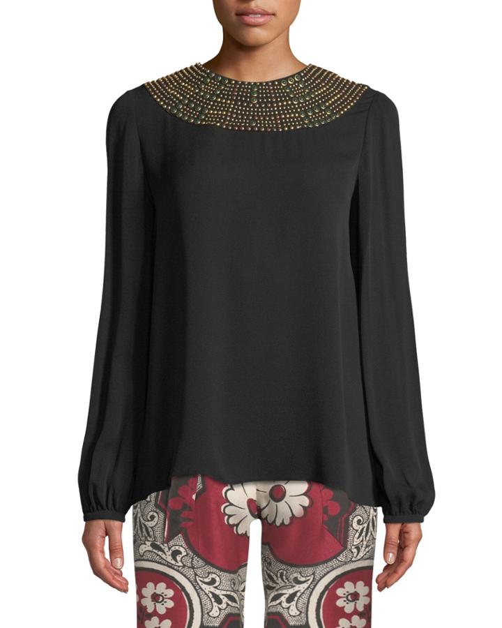 Long-sleeve Embellished-neck