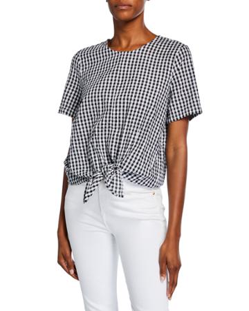 Check Tie-front Short-sleeve Button-back Top