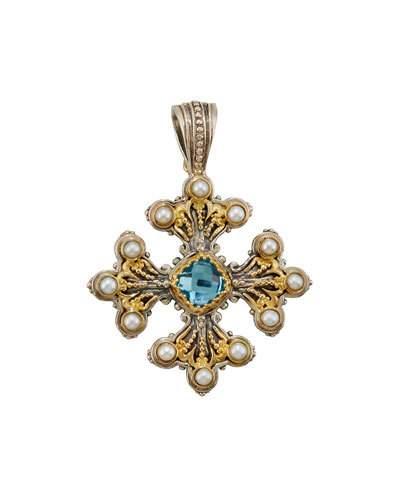 Amphitrite Cushion-cut Topaz & Pearl Cross Pendant Enhancer