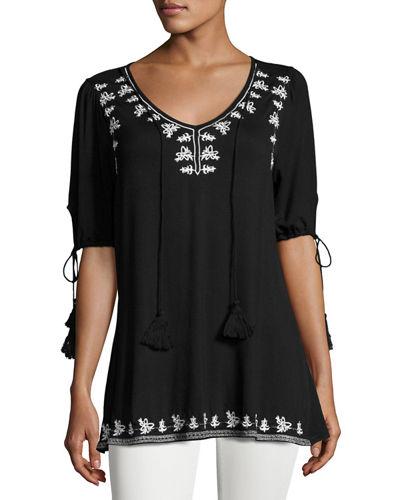 Embroidered Relaxed Tassel Blouse