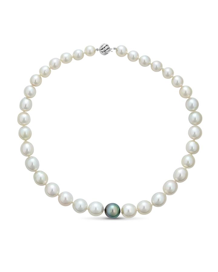Modern 14k White Gold South Sea & Tahitian Black Center Pearl Necklace