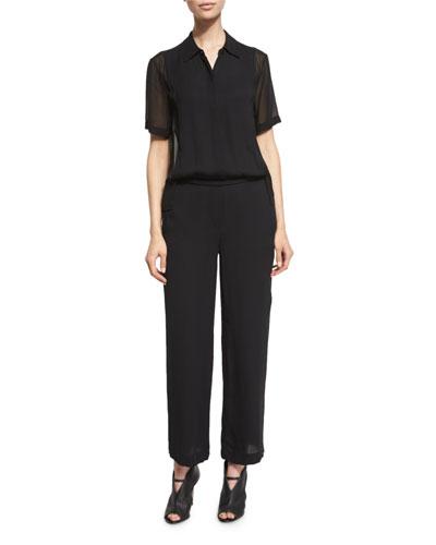 Short-sleeve Collared Jumpsuit, Black