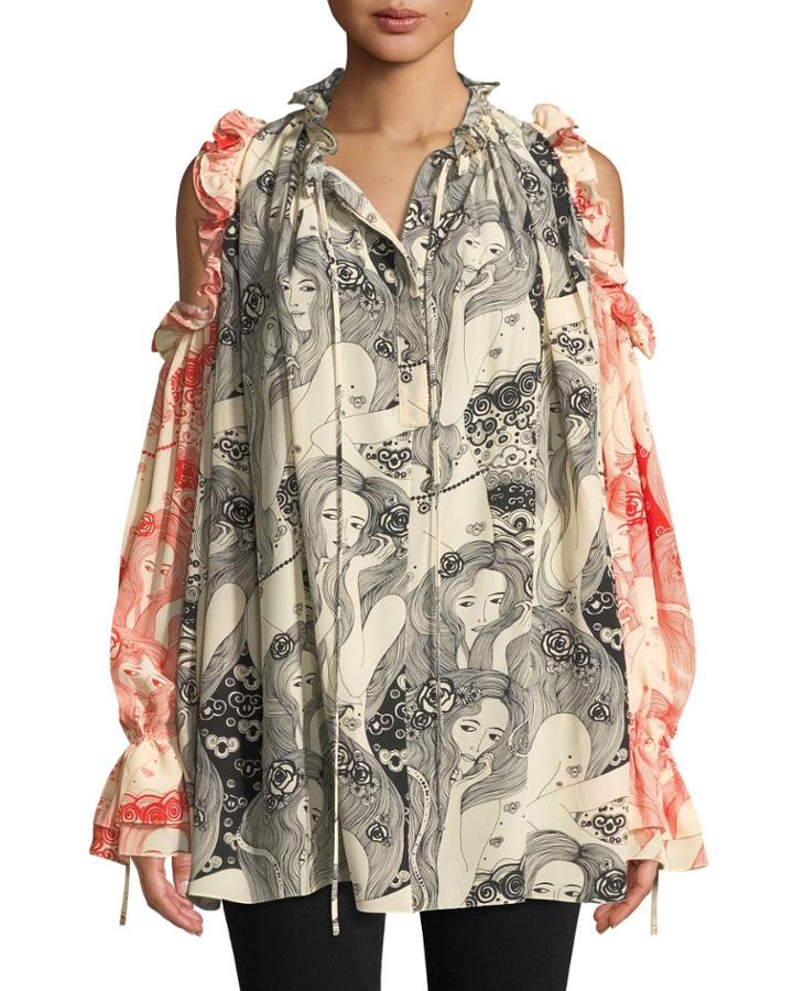 Eve-print Tie-neck Cold-shoulder Bicolor Silk Peasant Blouse