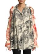 Eve-print Tie-neck Cold-shoulder Bicolor Silk Peasant Blouse