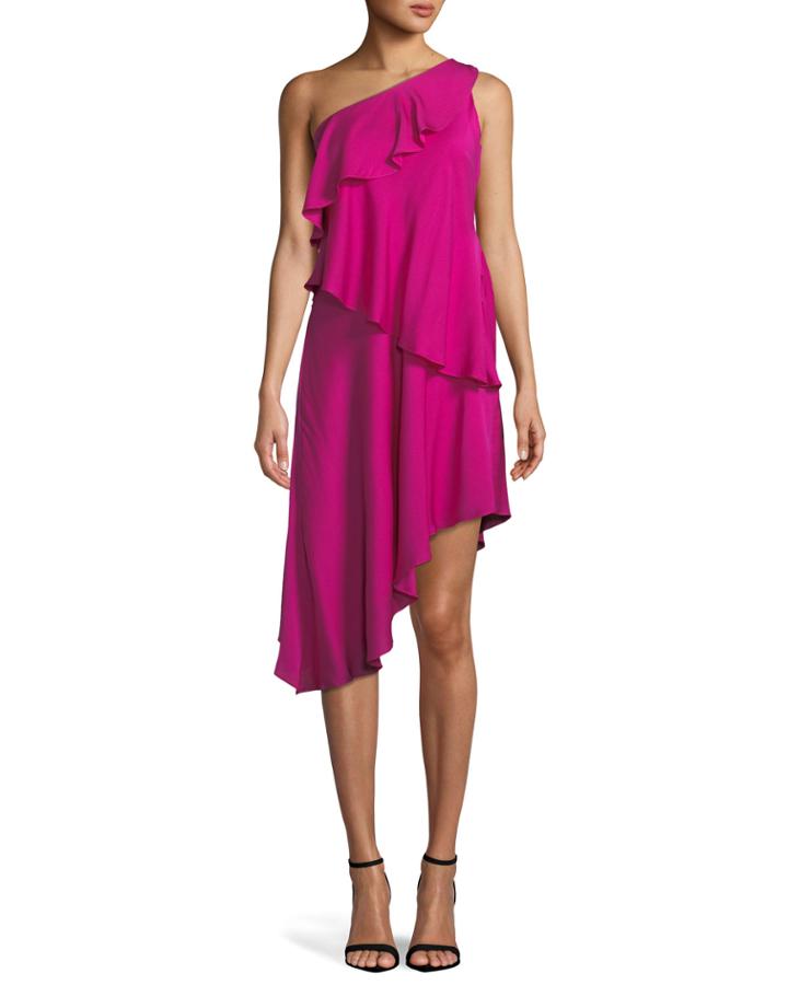 Nora One-shoulder Asymmetric Ruffled Tiered Stretch-silk Dress