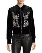 Floral-embroidered Velvet Bomber Jacket, Black
