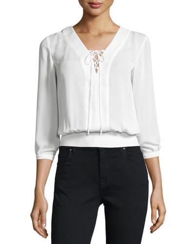 Lace-up Woven Blouse, Warm White