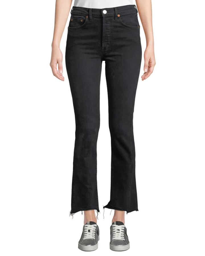 High-rise Double-needle Frayed Ankle Jeans