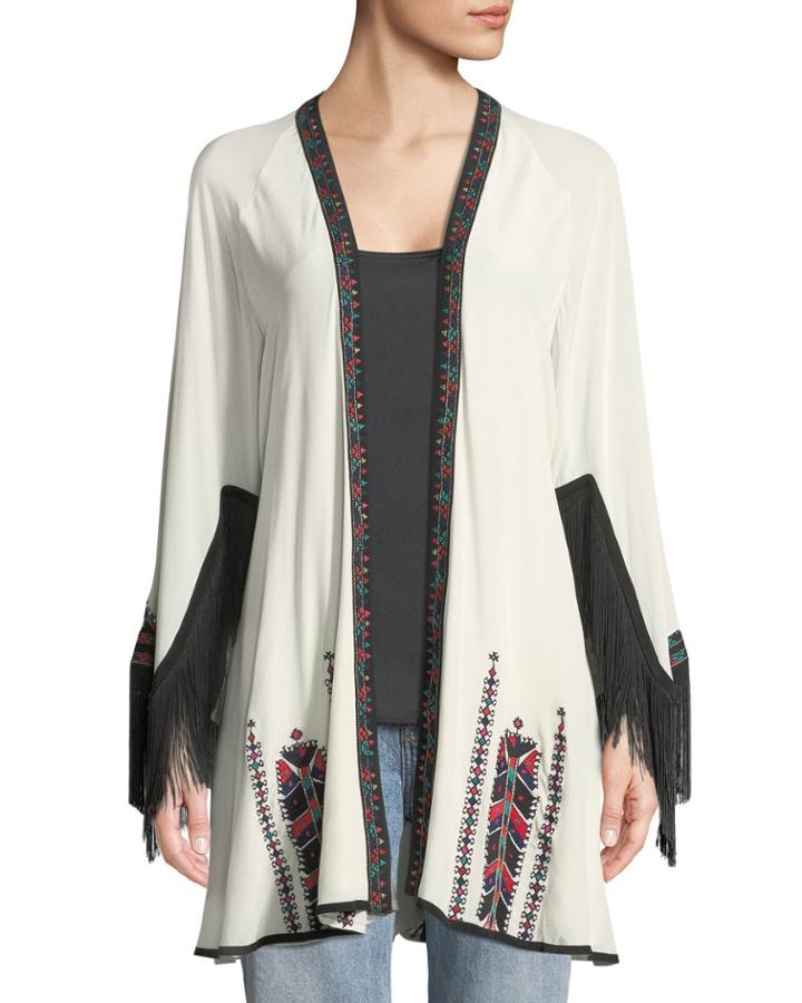 Myra Fringed Wrap Embroidered Kimono Jacket
