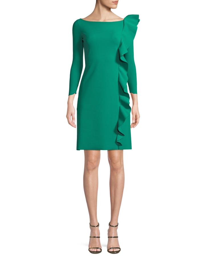 Hea Asymmetric-ruffle Boat-neck 3/4-sleeve A-line Cocktail Dress