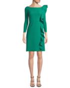 Hea Asymmetric-ruffle Boat-neck 3/4-sleeve A-line Cocktail Dress