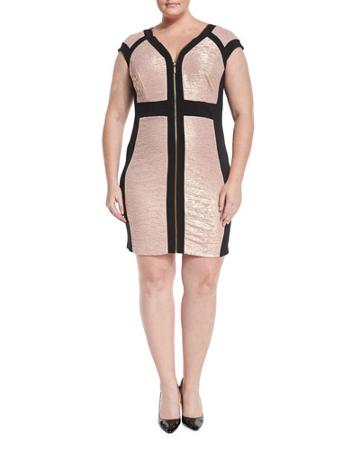 Cap-sleeve Metallic-knit Sheath Dress, Blush/black,