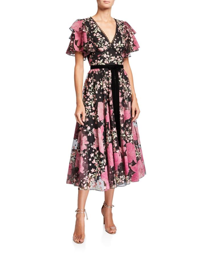 Floral V-neck Flutter-sleeve Embroidered Cocktail Dress
