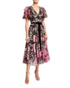 Floral V-neck Flutter-sleeve Embroidered Cocktail Dress