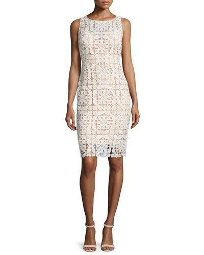 Sleeveless Macrame Sheath Dress, Ivory/nude