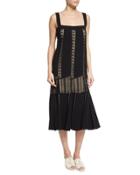 Sleeveless Embroidered-lace Midi Dress, Black