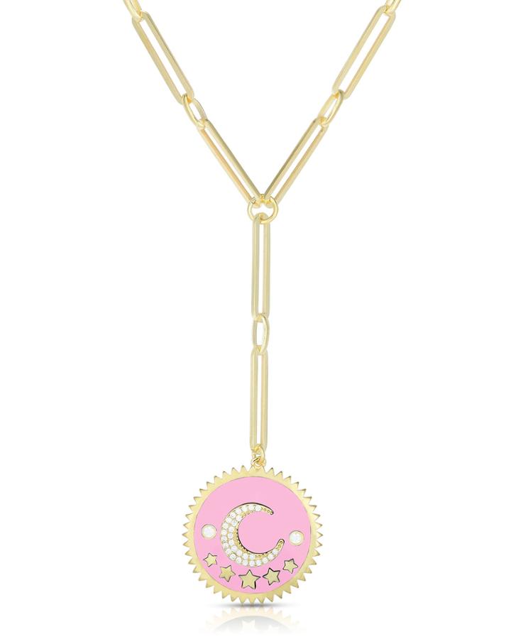 Coin-edge Enamel Moon Pendant Necklace