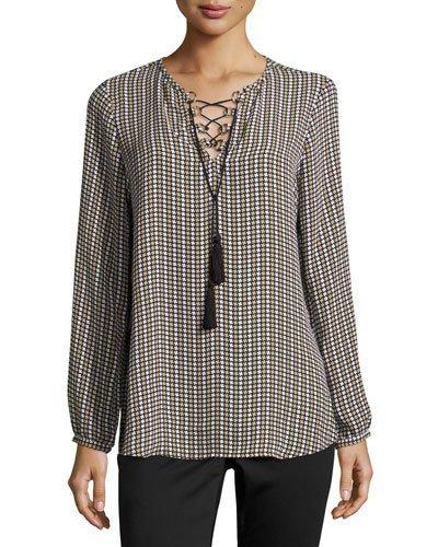 Lace-up Long-sleeve Peasant Blouse, Neutral Pattern