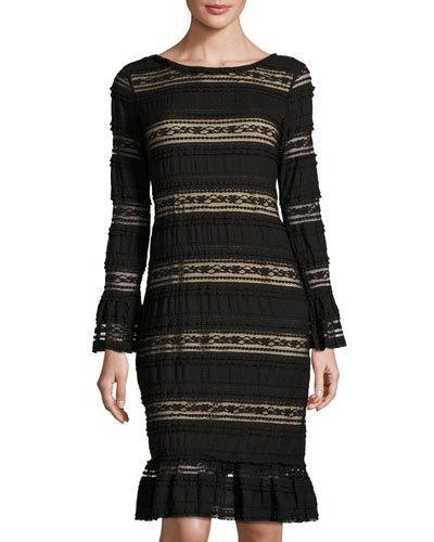 Lace-inset Long-sleeve Sheath Dress, Black