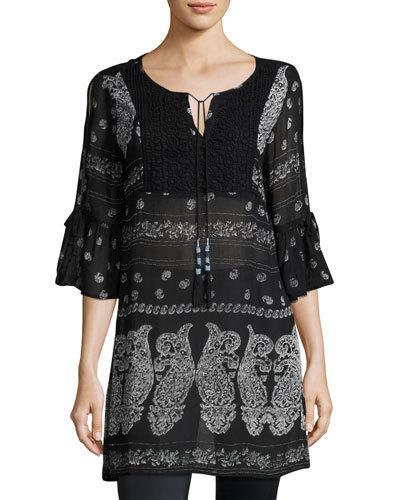 3/4-sleeve Tie-front Tunic, Black Pattern