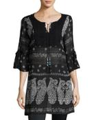 3/4-sleeve Tie-front Tunic, Black Pattern