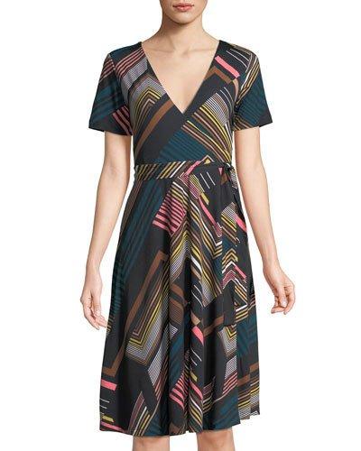 Short-sleeve Striped Belted Wrap Dress