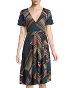 Short-sleeve Striped Belted Wrap Dress