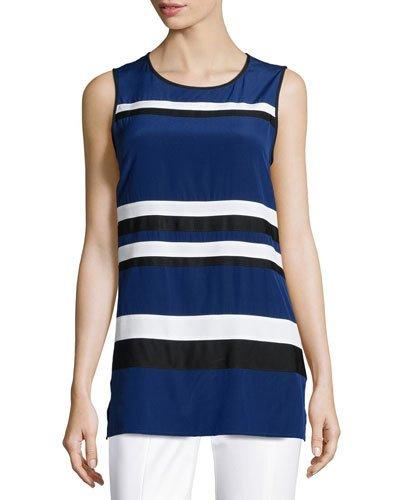 Striped Crepe De Chine Sleeveless Tunic, Vivid Denim/multi