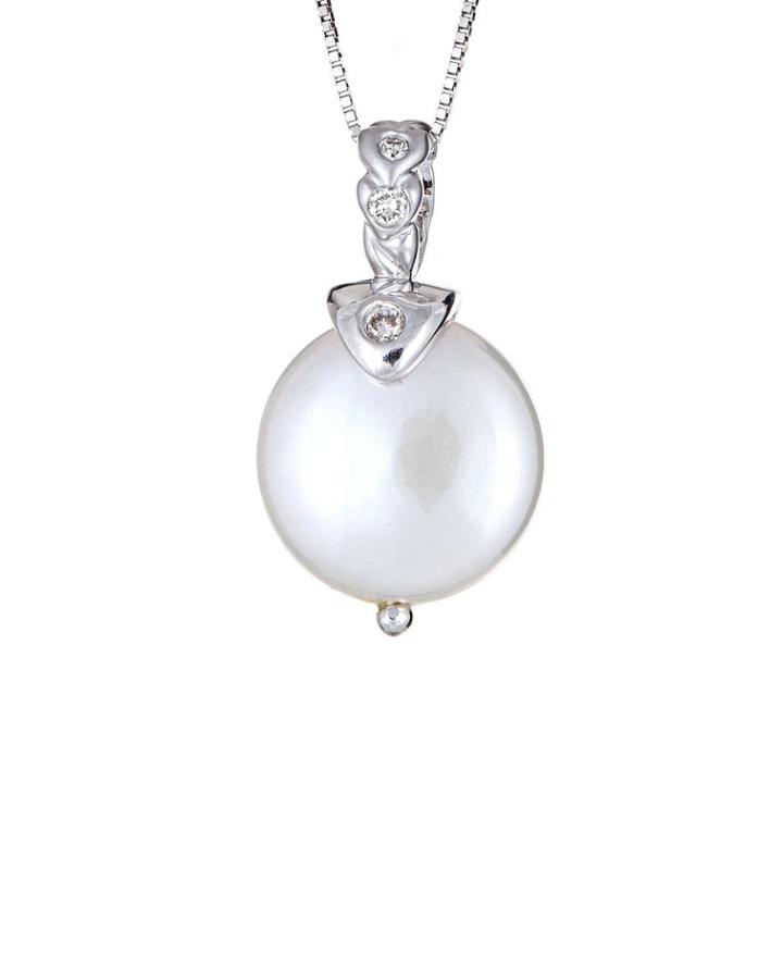 14k White Gold 11mm Freshwater Pearl Necklace W/ Diamonds
