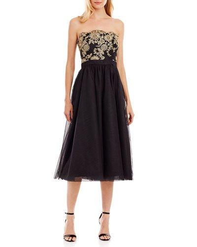 Strapless Midi Gown W/embroidered Bodice