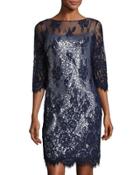 Sequined Dress W/floral-lace Overlay