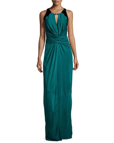 Sleeveless Ruched-front Evening Gown, Dark Pine/black