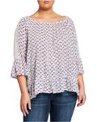 Plus Size Printed Boat-neck Ruffle Top With Crochet Trim