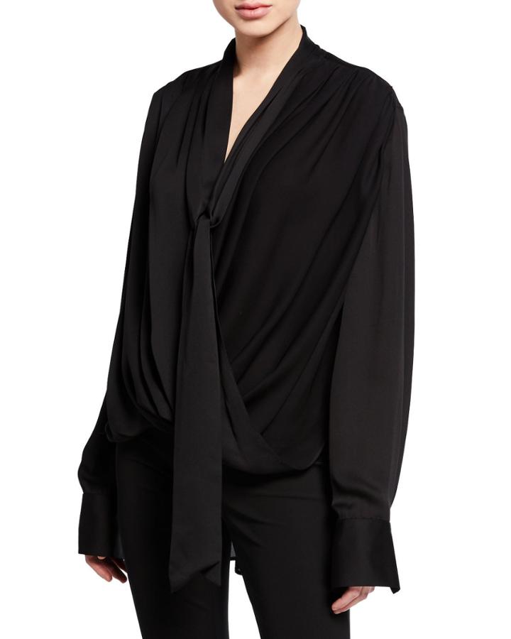 Oversized Long-sleeve Draped Wrap Neck Blouse
