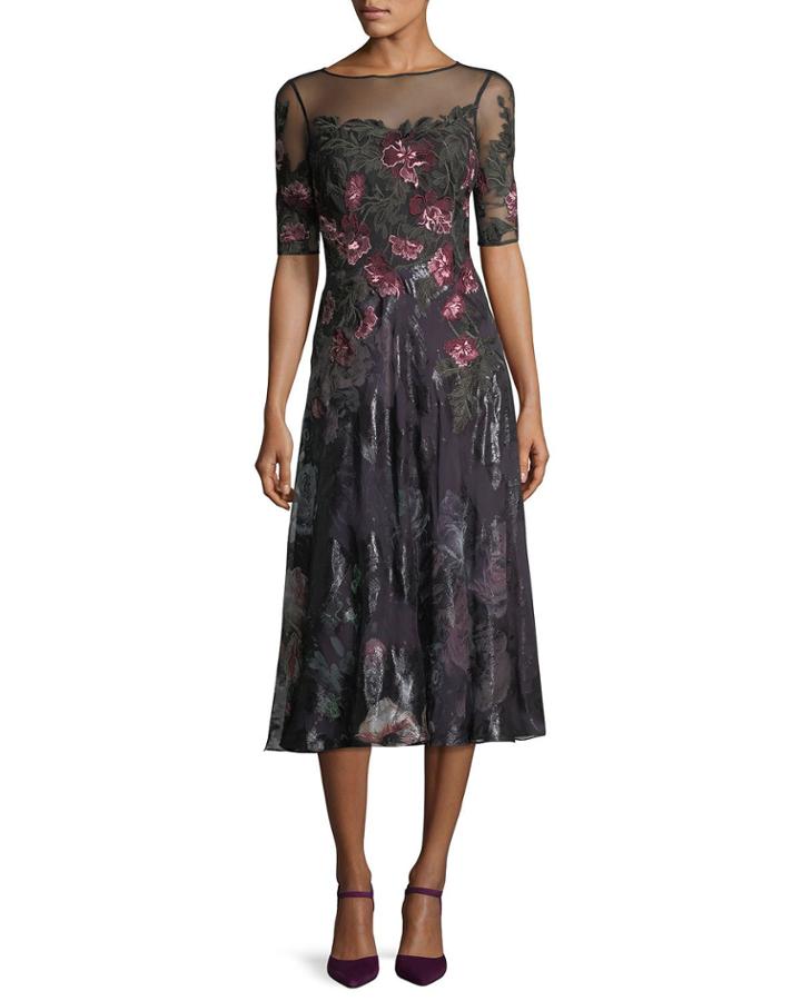 Floral-embroidered 1/2-sleeve Tulle Cocktail Dress