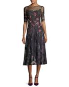 Floral-embroidered 1/2-sleeve Tulle Cocktail Dress