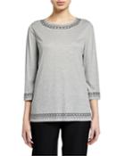 Sequined Trim Jewel-neck 3/4-sleeve Jersey T-shirt