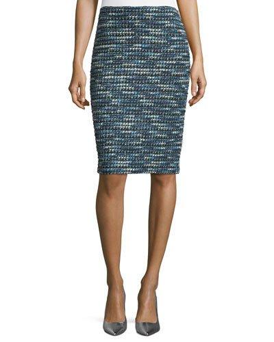 Martinique Tweed Pencil Skirt, Caviar/laguna/multi